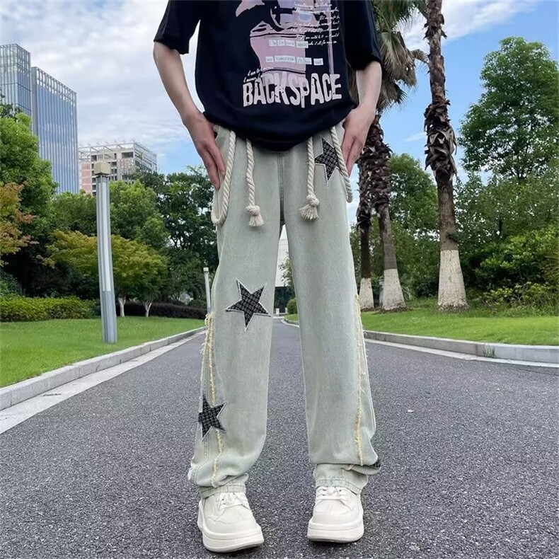 复古设计感星星牛仔裤男春秋款高街小众直筒阔腿裤子~NK6029-p50,男装牛仔裤,星座601-2