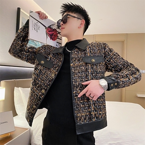 AF112/P128控168秋季社会小伙小香风编织拼皮外套男韩版短款夹克图片