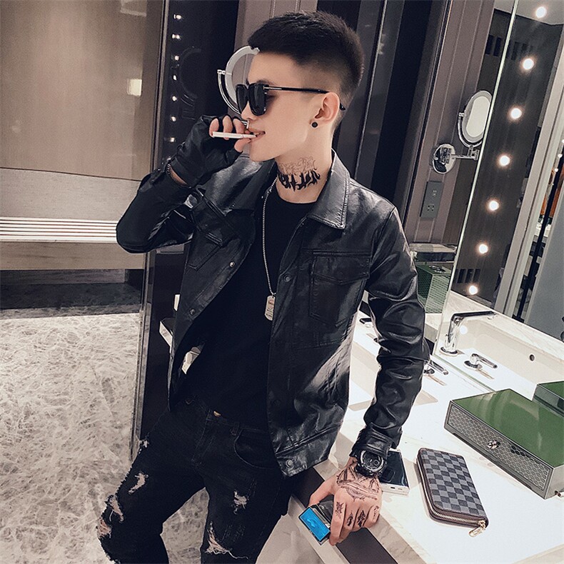 2025新款翻领皮衣男帅气修身机车服pu皮夹克外套P1902-P115绒125,男装夹克,电商A368