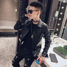 2025新款翻领皮衣男帅气修身机车服pu皮夹克外套P1902-P115绒125，男装夹克，电商A368