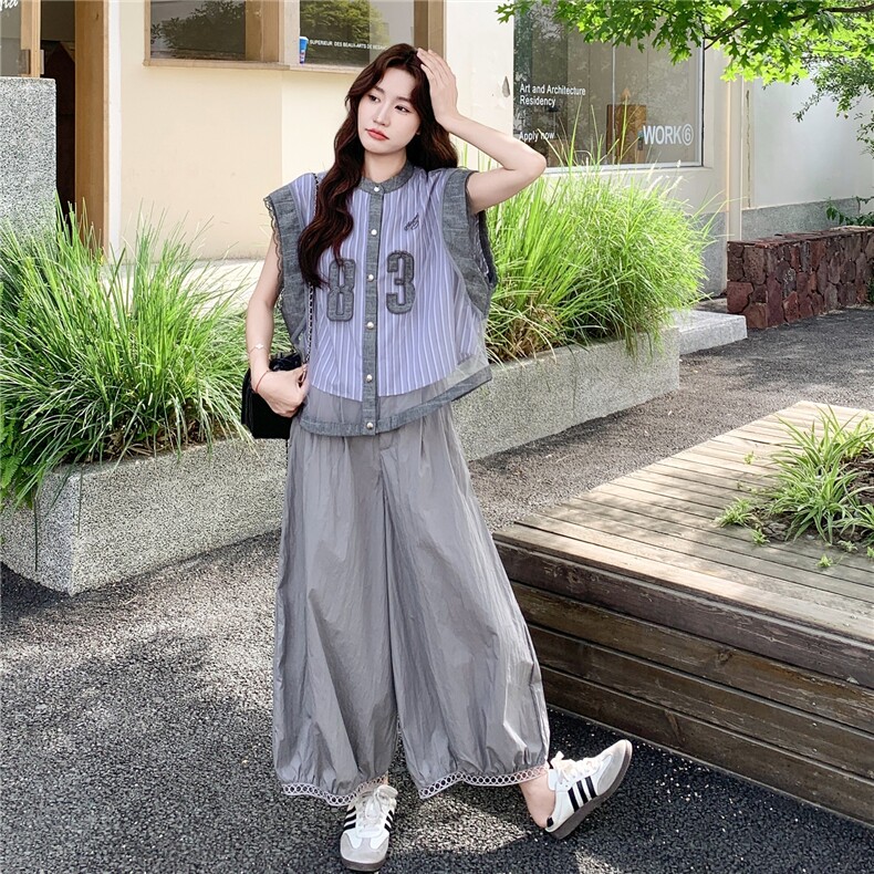 设计感假两件无袖衬衫套装女2025夏季新款韩版工装风阔腿裤两件套,女装套装/套裙,2C211