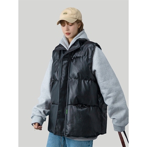 美式复古PU皮马甲棉服男女冬季潮牌宽松加厚立领坎肩外套HY22P85图片
