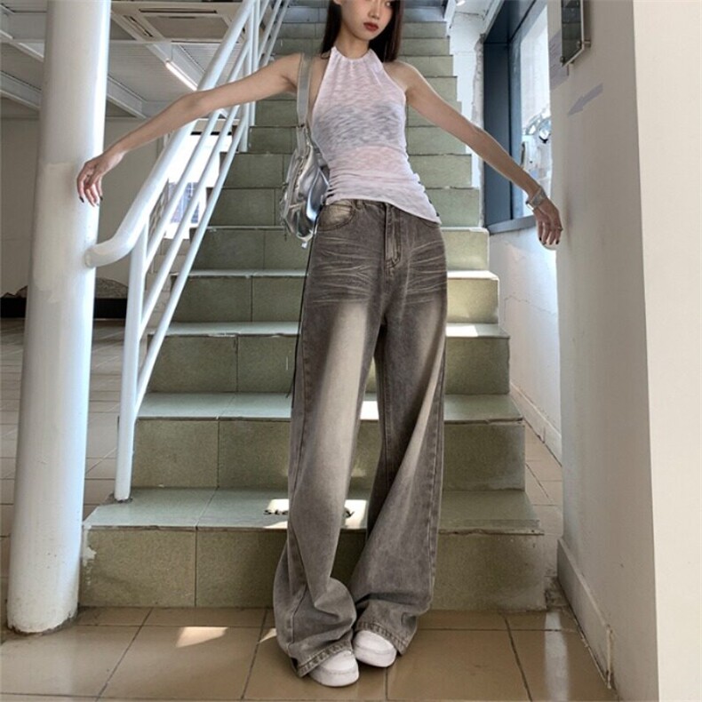 美式复古灰色阔腿牛仔裤女春秋垂感高腰小个子宽松显瘦直筒拖地裤图片