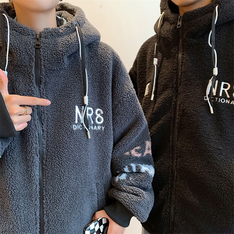 韩系连帽羊羔毛外套季2025高级感加厚穿搭小个子皮毛一体棉服,男装棉衣,电商A020