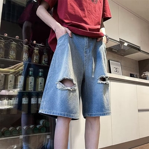 美式高街短裤男女夏季新款直筒阔腿破洞设计感水洗做旧渐变五分裤图片