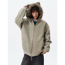 1506/QYRJM60340/P102美式猫耳朵连帽棉衣重磅座山雕条纹棉服，男装棉衣，星座1506