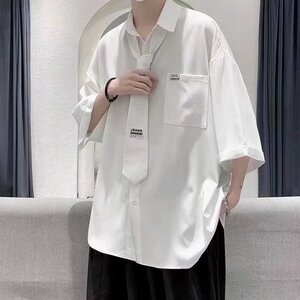 短袖衬衫男ins夏季薄款五分袖衬衣外套宽松潮牌港风上衣潮流百搭图片