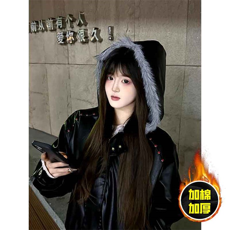现货冬季美式潮牌痞帅PU皮机车服棉衣毛毛绒狼王座山雕皮棉服,男装棉衣,电商A486-1