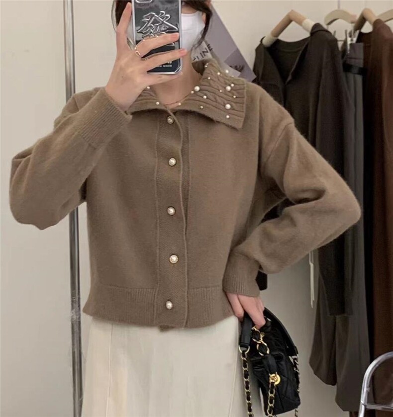 935大翻领珍珠毛衣开衫，女装针织衫/毛衣，Lucky Lee