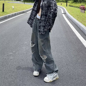 美式复古秋季破洞牛仔裤男女潮牌设计感高级感小众反穿裤子图片
