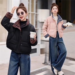 小个子 立领拼接格纹保暖显瘦羽绒服图片
