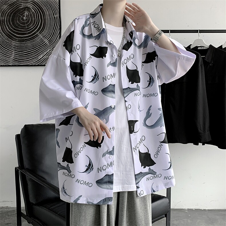 @店主夏季新款动物鱼满印冰丝短袖衬衫宽松衬衣A071-C19-P35,男装衬衫,电商A071