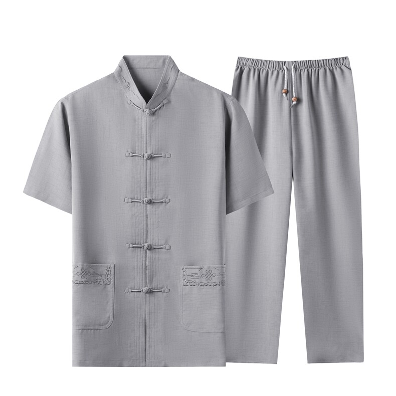 中老年棉麻套装高档唐装太极服中式刺绣立领短袖风时尚男夏装，男装中老年男装，钱塘723