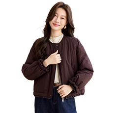 2025年冬季宽松圆领格子下摆拼接轻薄棉服棉衣短外套，女装棉衣/棉服，简韵佳