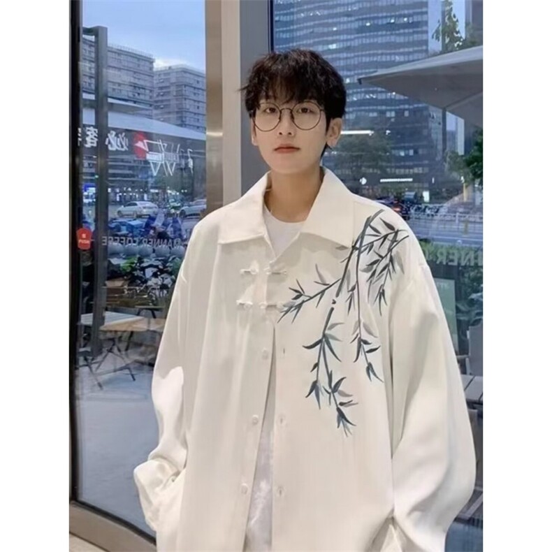 新中式风盘扣刺绣长袖衬衫男装设计感高级唐装道袍衬衣外套春，男装衬衫，星座506A