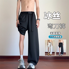 特批P35无差价2025夏季港风冰丝垂感凉爽拼接大码弯刀裤男K5611B，男装休闲裤，电商A001-1