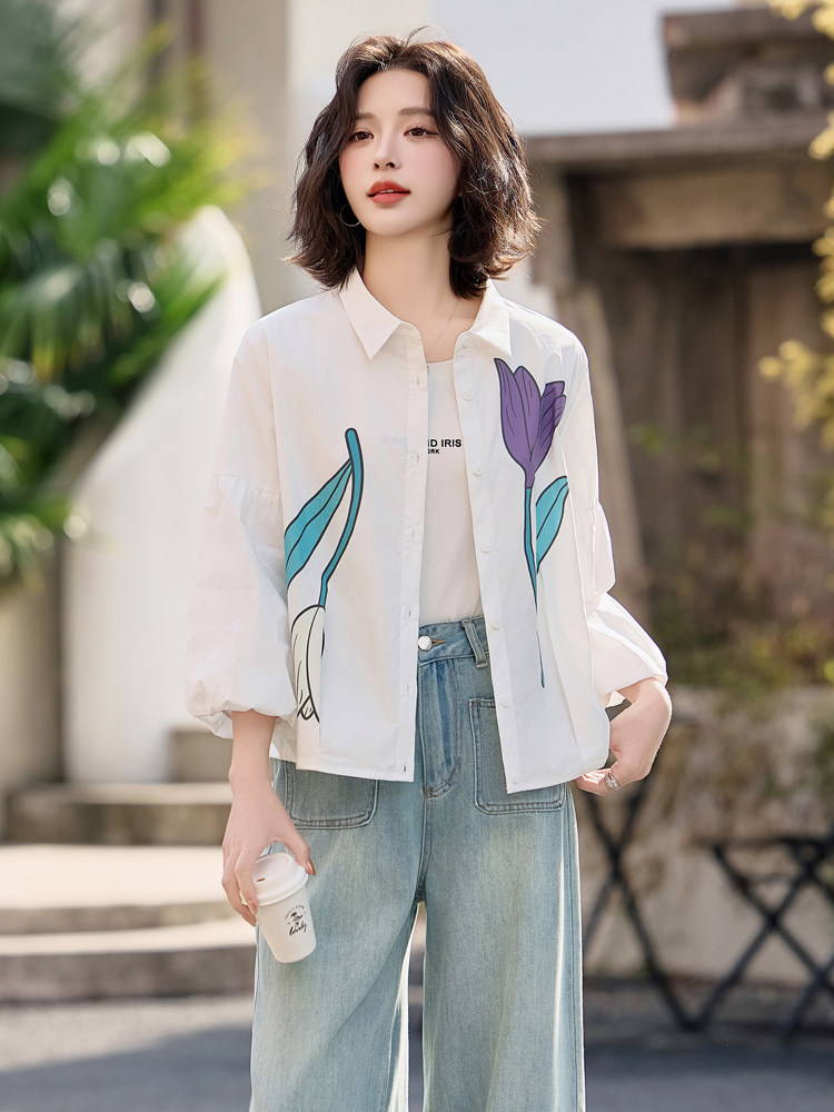2025春夏装伊然Errarell郁金香衬衫女设计感复古印花法式上衣,女装衬衫,梦懿尔