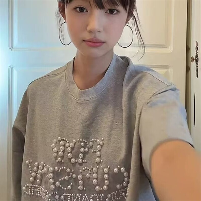 字母珍珠钉珠短袖t恤女夏季2025新款宽松纯棉情侣设计感上衣,男装T恤,星座506A