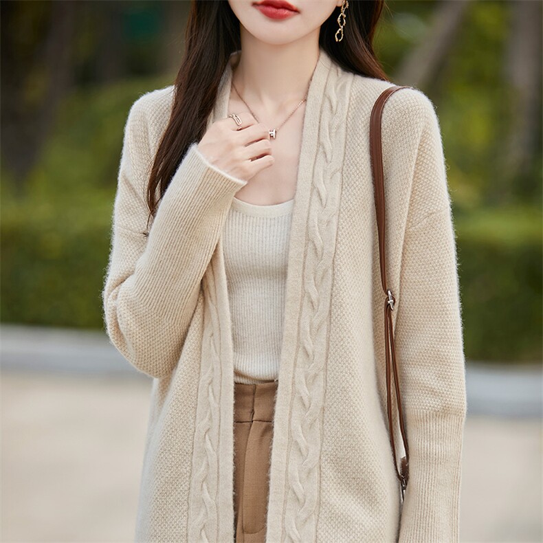 V领扭花100%纯羊毛开衫女中长款针织毛衣外套宽松羊绒衫外搭上衣,女装羊毛衫,狄美羊绒