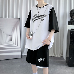 纯棉夏季短袖T恤套装宽松潮流篮球服男两件套男装F312P60控89图片