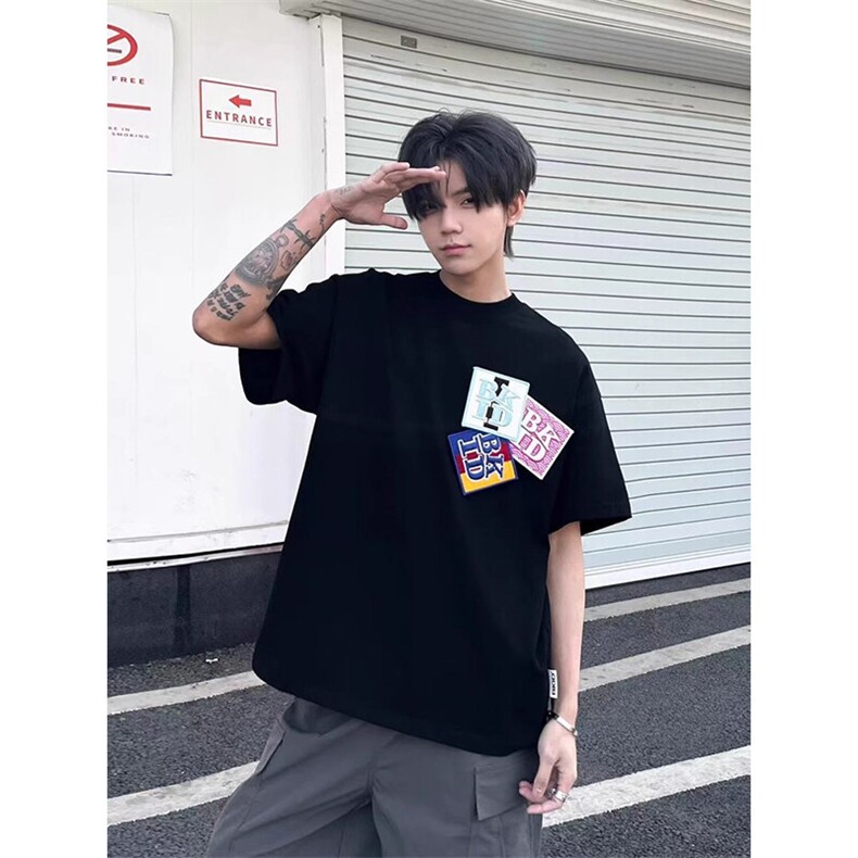 万针全刺绣工艺抖音得物高品质260克重磅纯棉双纱美式高街短袖T恤,男装T恤,电商A486-1