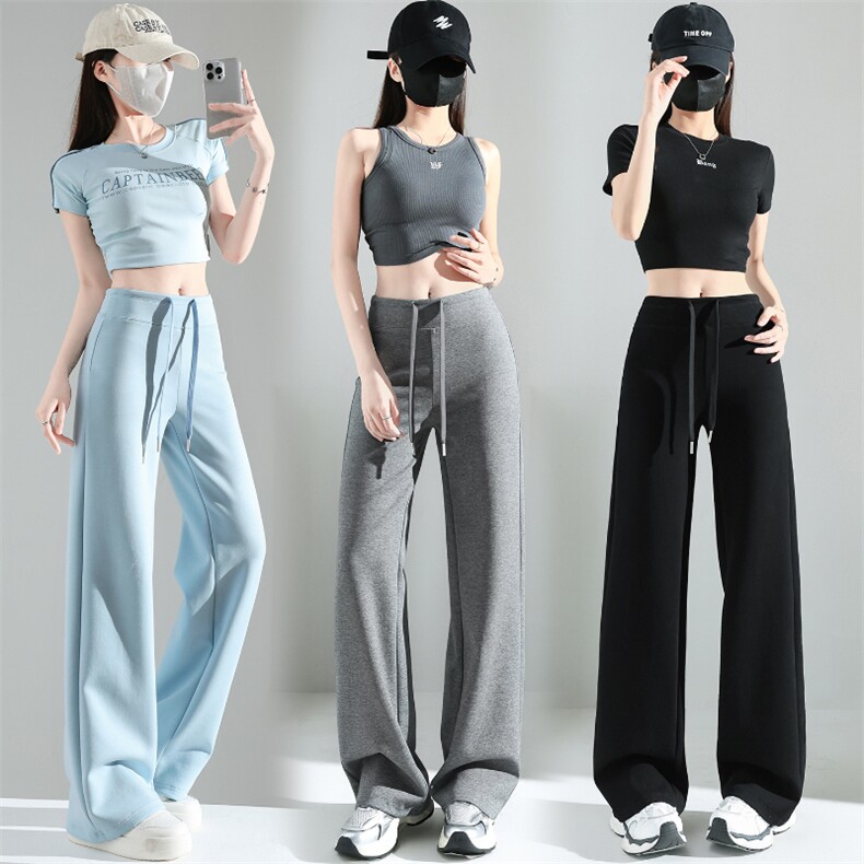 云感空气层阔腿裤女2025春夏高腰垂感显瘦抽绳直筒运动拖地裤卫裤，女装休闲裤，梦白服饰厂