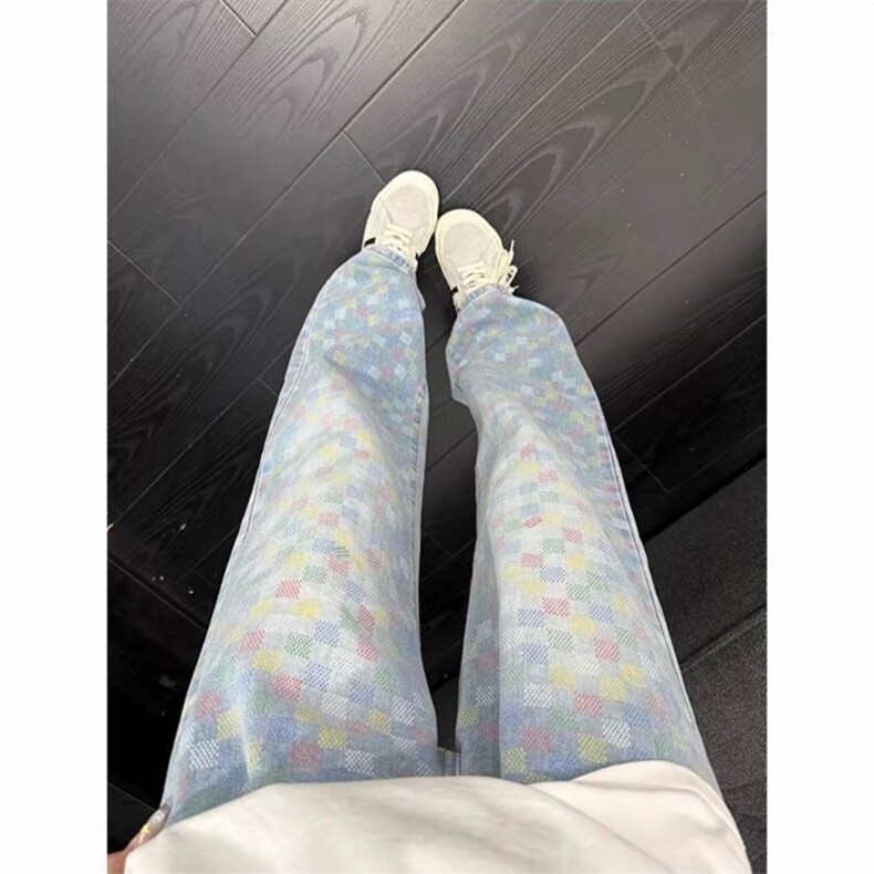 高街牛仔裤男春秋新款痞帅格子彩色高级感vibe直筒N2143,男装牛仔裤,星座1116A（原606A-3）