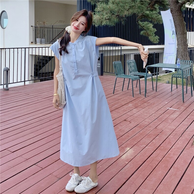 浅蓝色无袖衬衫连衣裙女2025夏季新款法式温柔风宽松减龄气质长裙,女装连衣裙,维壹