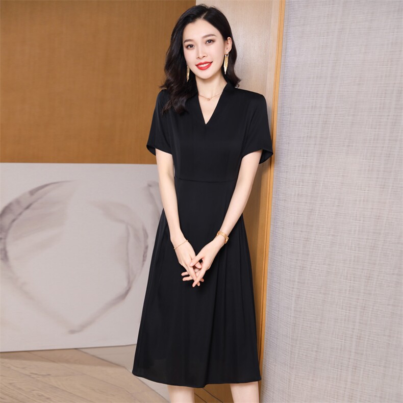 双绉真丝连衣裙夏天大牌气质纯色高档贵夫人大码中年妈妈丝绸裙子,女装连衣裙,阿舍尔精品