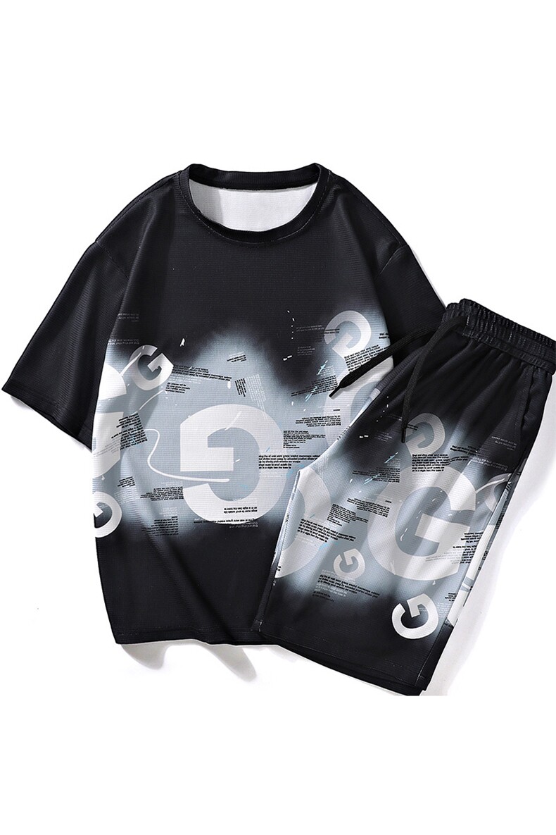 夏季短袖套装潮牌印花冰丝t恤运动休闲两件套衣服A438-TZ08-P65,男装T恤,电商A438