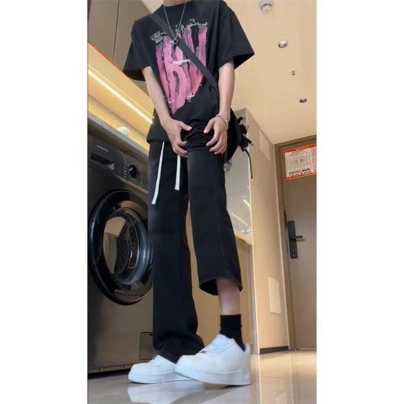 美式高街微喇叭牛仔裤宽松复古水洗百搭松紧腰橡筋裤KJ22501P50,男装牛仔裤,电商D325