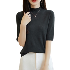 针织衫女夏薄款小众设计感短款修身显瘦半高领中袖紧身弹力打底衫，女装羊毛衫，朝思羊绒