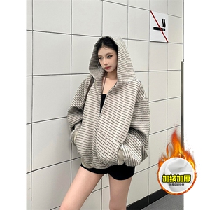 480G重磅加绒硬挺boxy 男女秋冬美式高街条纹毛呢卫衣开衫厚外套图片