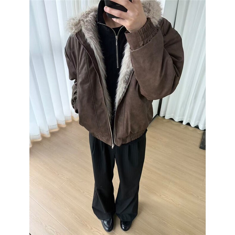 美式PU皮衣兔毛座山雕棉服外套W1871/特P110,男装皮衣,电商B350