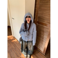 网络图，连帽短款开衫春秋新款宽松粗线针织衫XZ302B-1-M364P65，男装针织衫/毛衣，星座302B-1