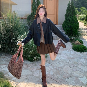 美式复古黑色假两件机车服短外套女春秋超火好看高级小众夹克上衣图片