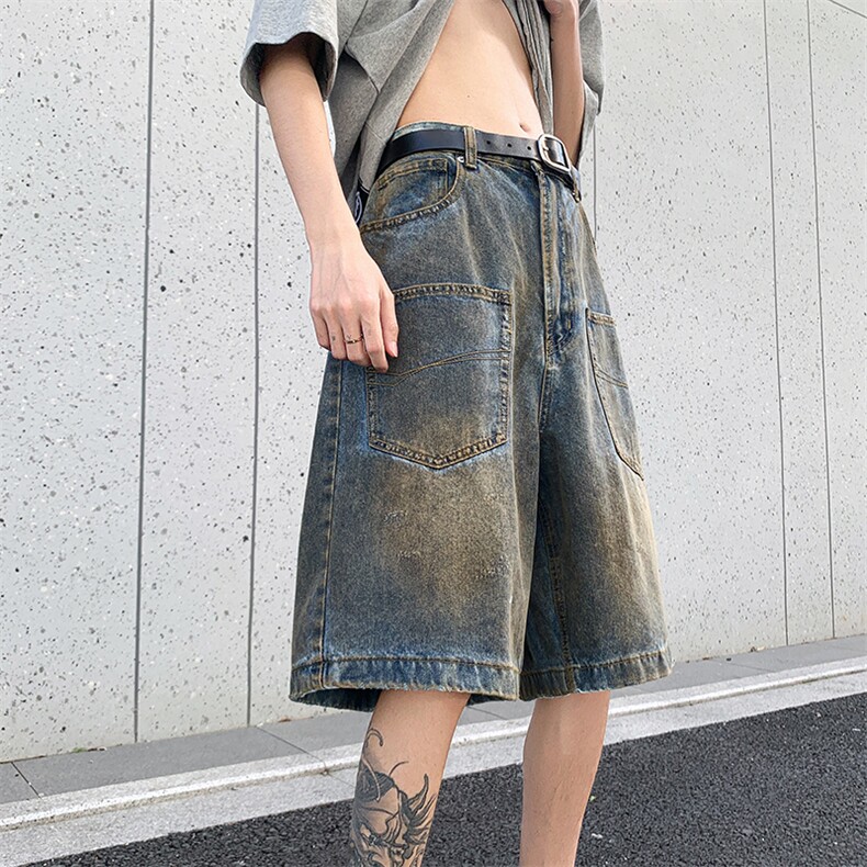 潮牌炸街牛仔短裤男夏季美式复古休闲做旧多口袋宽松阔腿五分马裤,男装牛仔裤,星座410-7