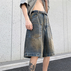 潮牌炸街牛仔短裤男夏季美式复古休闲做旧多口袋宽松阔腿五分马裤，男装牛仔裤，星座410-7