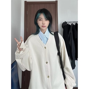 秋款男女假两件V领卫衣条纹单排扣衬衫中性风外套WY53 P58图片