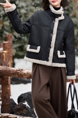 现货皮毛一体羊羔毛外套女短款2024秋冬新款加绒加厚外套，女装羊羔毛/颗粒绒，美拉德工厂直营店