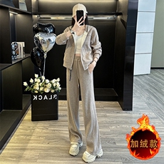 休闲设计感连帽开衫外套修身卫裤套装，女装套装/套裙，江南