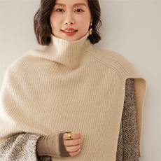 2025秋冬新款纯山羊绒衫女士高领披肩斗篷宽松慵懒风针织毛衣外套，披肩，尚达羊绒