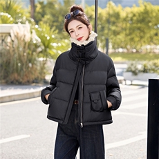 蛋白皮羽绒服女短款2025冬季加厚毛领宽松显瘦pu皮衣短外套百搭女，女装羽绒服，意芙