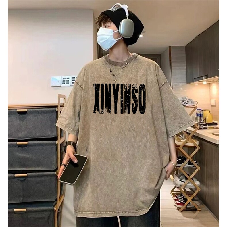 抖音得物供货240克重磅现货宽松美式纯棉水洗做旧印花T恤ATSX07,男装T恤,电商A443