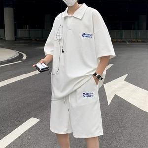 夏季日系五分袖POLO衫潮流休闲套装男ins新款慵懒五分裤文艺流行图片