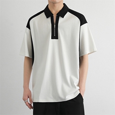 休闲撞色拼接polo衫男士短袖25夏季新款韩版宽松拉链翻领半袖t恤，男装T恤，星座914