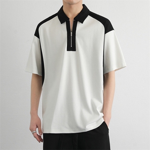休闲撞色拼接polo衫男士短袖 25夏季新款韩版宽松拉链翻领半袖t恤图片