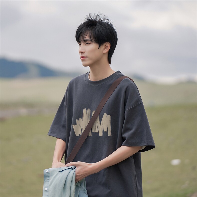 港风23新款时尚百搭纯棉宽松字母印花100棉短袖T恤T61108P30控48图片