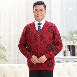 中老年情侣外套喜庆唐装宽松针织开衫男女款毛衣图片