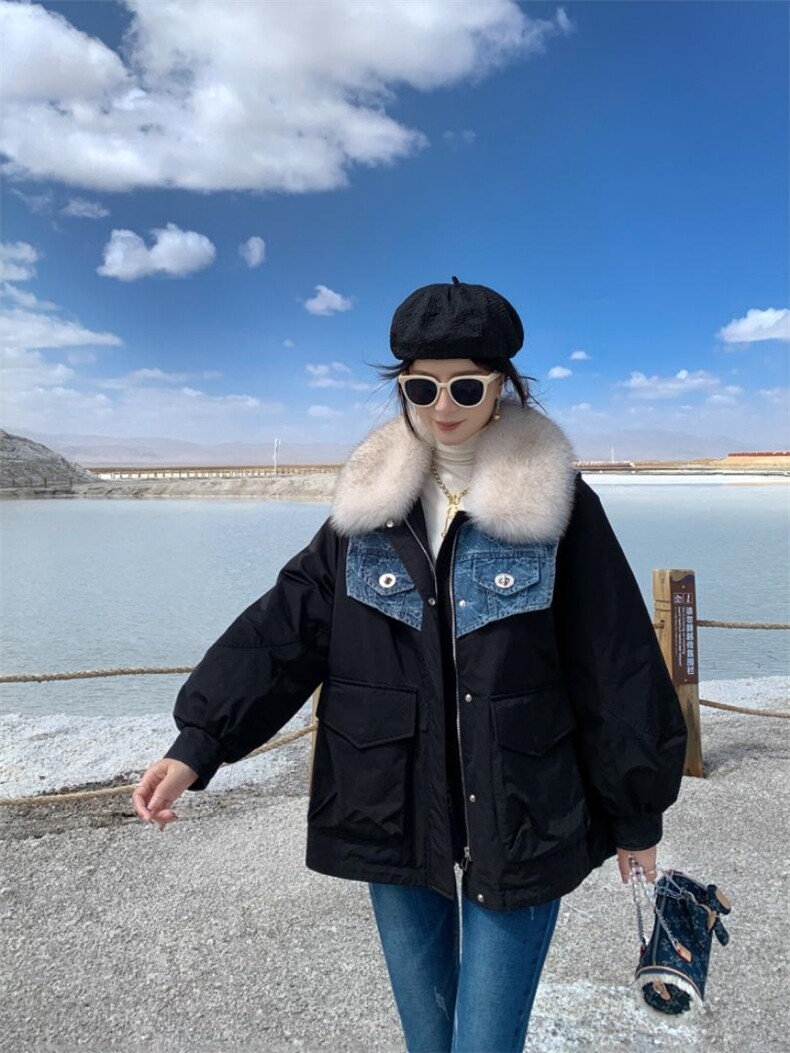 『现货』牛仔拼接派克羽绒服可拆卸，女装羽绒服，百妹仟红